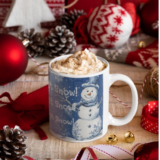 Happy Snowman Snowflakes Blue White Let It Snow Coffee Mug (Ready for chilly winter nights!)