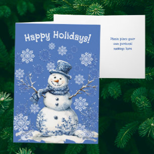 Happy Snowman Snowflakes Blue White Personalized Holiday Card