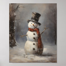 Happy Snowman Wearing Hat And Red Scarf In Forest