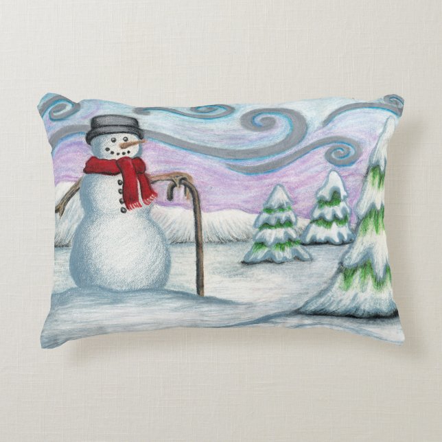 Happy Snowman Winter Wonderland Accent Pillow (Front)