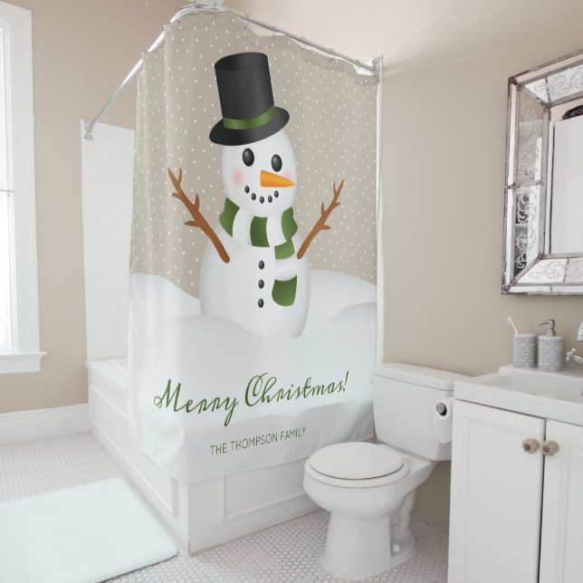 Happy Snowman With A Hat & Custom Name Christmas Shower Curtain (In Situ)