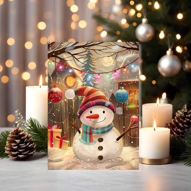 Happy Snowman with Colorful Lights & Holiday Cheer Card (A cheerful snowman under twinkling lights — pure holiday joy in card form)