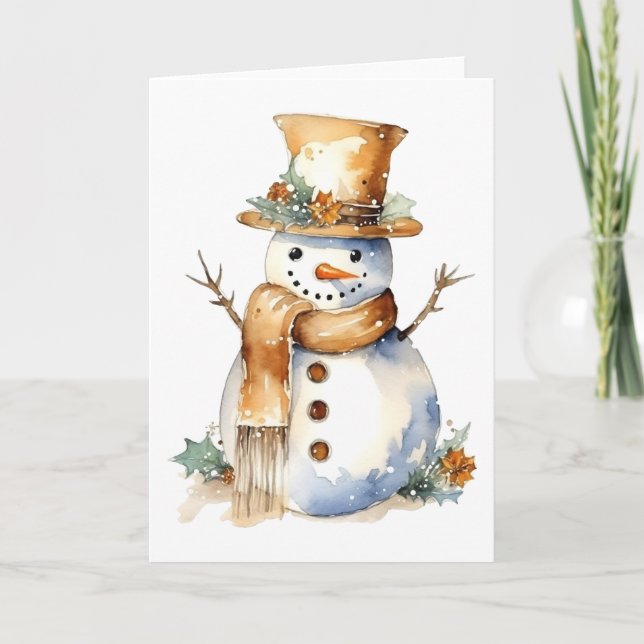 Happy Snowman with Gold Accents BLANK  Holiday Card (Front)