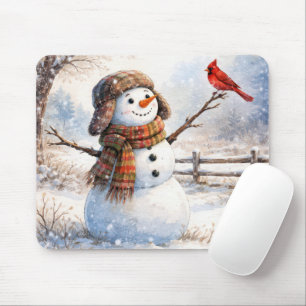 Happy Snowman With Red Cardinal Bird Mouse Mat