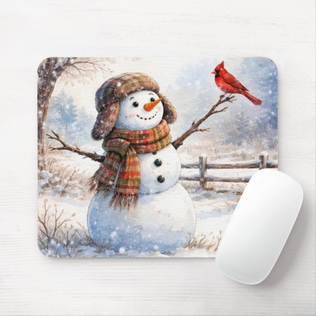 Happy Snowman With Red Cardinal Bird Mouse Mat (With Mouse)