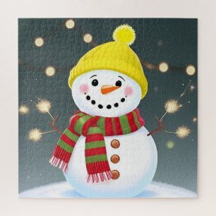 Happy Snowman with Sparklers and Santa Hat Jigsaw Puzzle