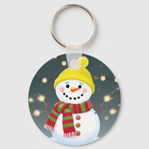 Happy Snowman with Sparklers and Santa Hat Key Ring