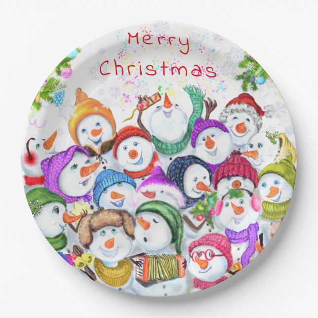 Happy Snowmans Christmas Paper Plates (Front)