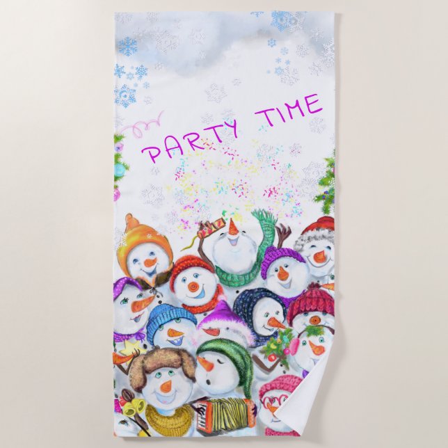 Happy Snowmans Merry Christmas Beach Towel Party (Front)