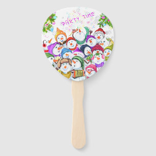 Happy Snowmans Merry Christmas Party Fun Drawing Hand Fan
