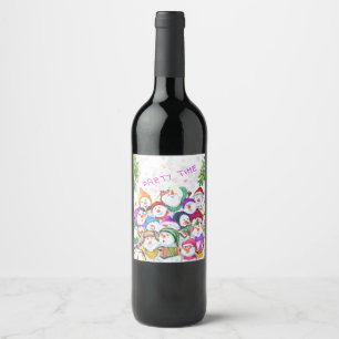 Happy Snowmans Merry Christmas Party Funny Drawing Wine Label