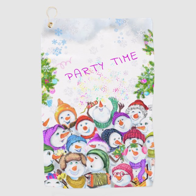 Happy Snowmans Merry Christmas Party Golf Towel (Front)