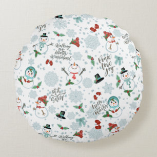 Happy Snowmen Holiday Christmas Pattern Round Cushion