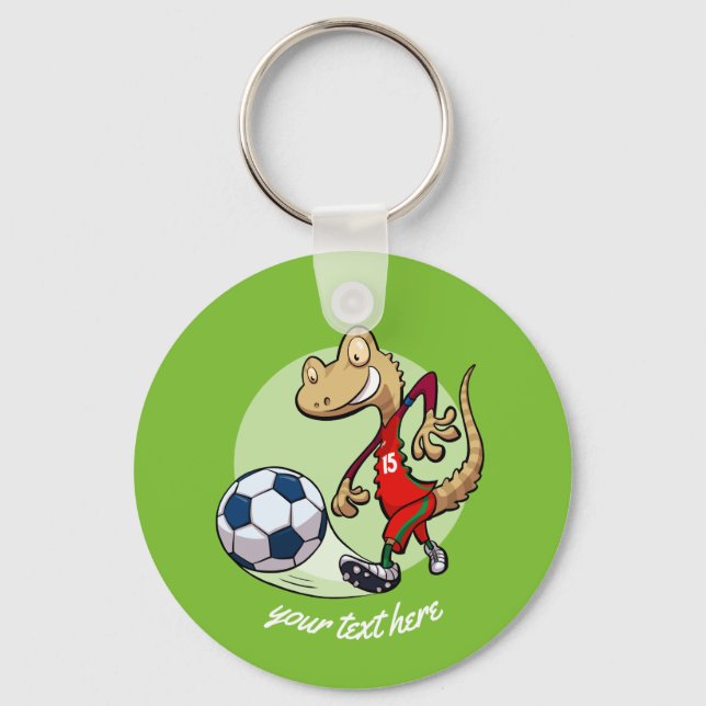 Happy Soccer Star Gecko Kicking Football Cartoon Key Ring (Front)