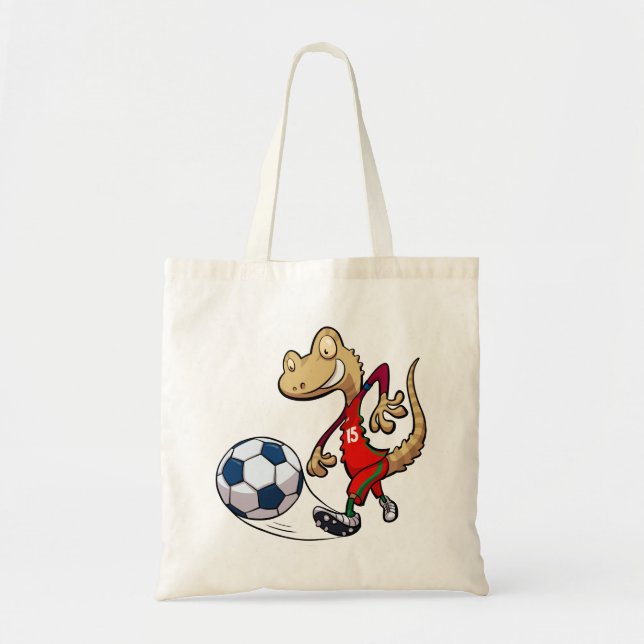Happy Soccer Star Gecko Kicking Football Cartoon Tote Bag (Front)