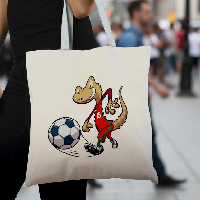 Happy Soccer Star Gecko Kicking Football Cartoon Tote Bag (Creator Uploaded)