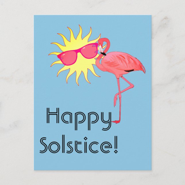 Happy Solstice Flamingo and Sun Face Postcard (Front)