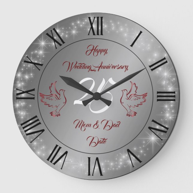 Happy Sparkly Customise Silver 25th Anniversary Large Clock (Front)
