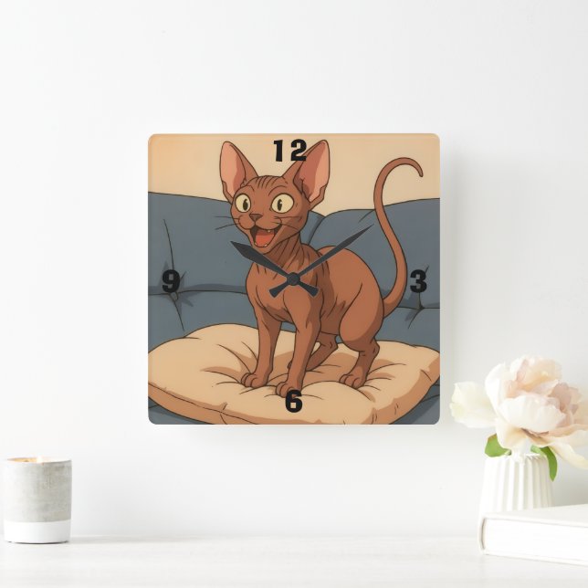 Happy Sphynx Cat Square Wall Clock (Home)