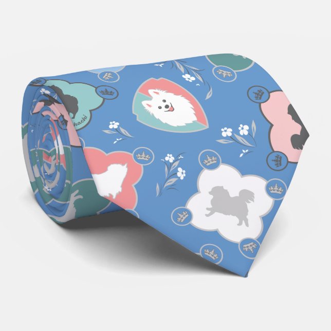 Happy Spitz Dog Collection Neck Tie (Blue) (Rolled)