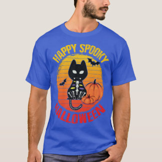 Happy Spooky Halloween Cute Cat Skeleton Funny Vin T-Shirt