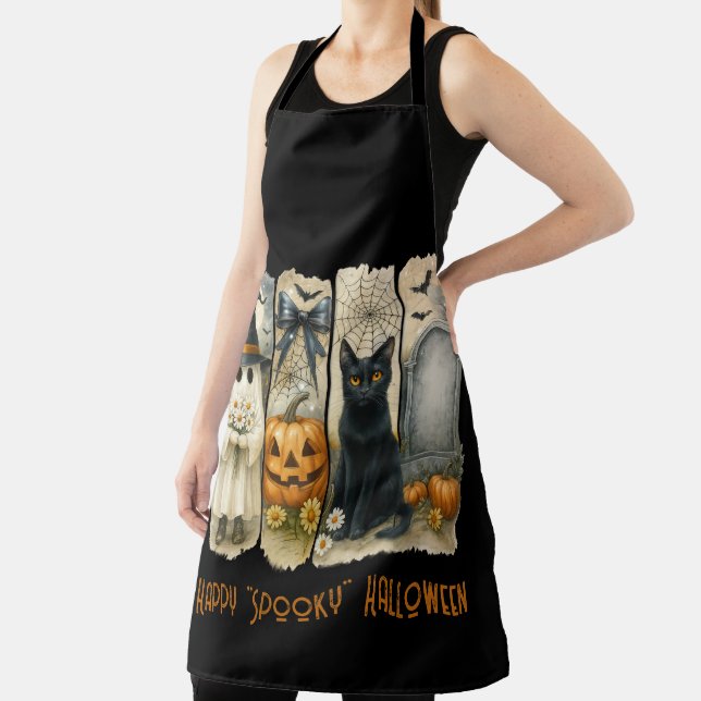 Happy "Spooky" Halloween Pumpkin Ghost Black Cat Apron (Insitu)