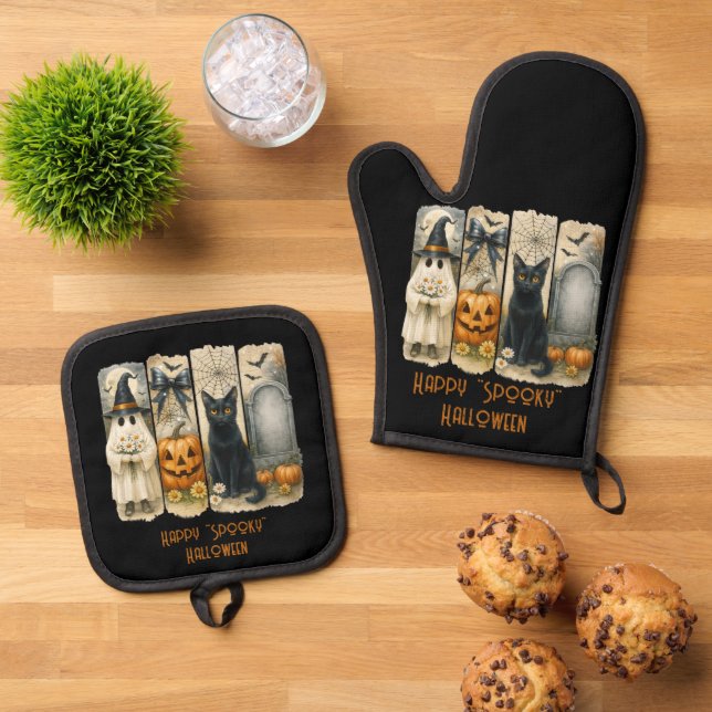 Happy "Spooky" Halloween Pumpkin Ghost Black Cat Oven Mitt & Pot Holder Set (Top Down)