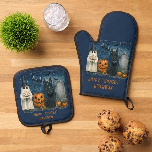 Happy "Spooky" Halloween Pumpkin Ghost Black Cat Oven Mitt & Pot Holder Set (Top Down)