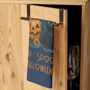 Happy "Spooky" Halloween Pumpkin Ghost Black Cat Tea Towel