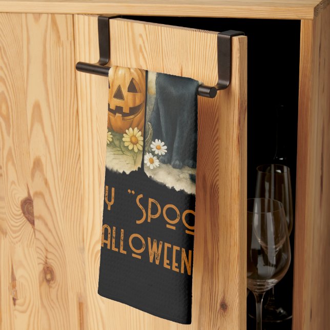 Happy "Spooky" Halloween Pumpkin Ghost Black Cat Tea Towel (Thirds Fold)