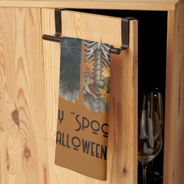 Happy "Spooky" Halloween Pumpkin Skeleton Crow Tea Towel (Thirds Fold)