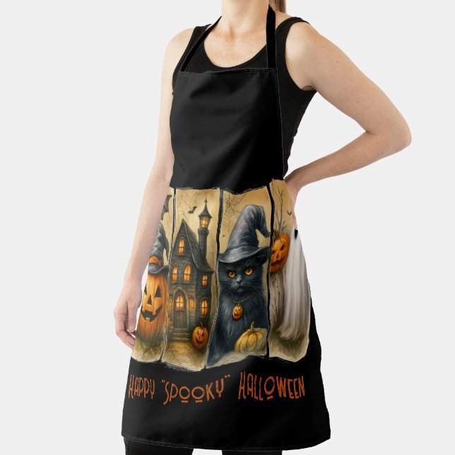 Happy "Spooky" Halloween Pumpkins Black Cat Bats Apron (Insitu)