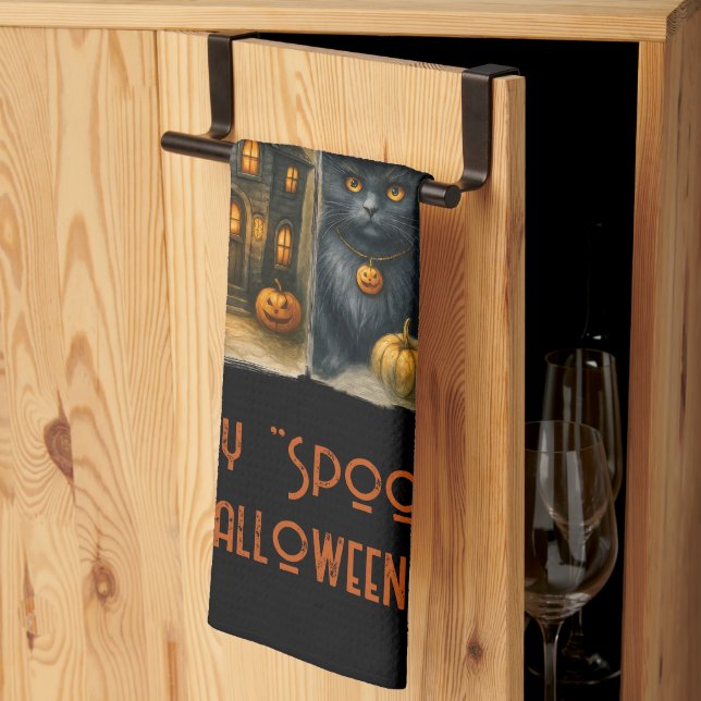Happy "Spooky" Halloween Pumpkins Black Cat Bats Tea Towel (Thirds Fold)