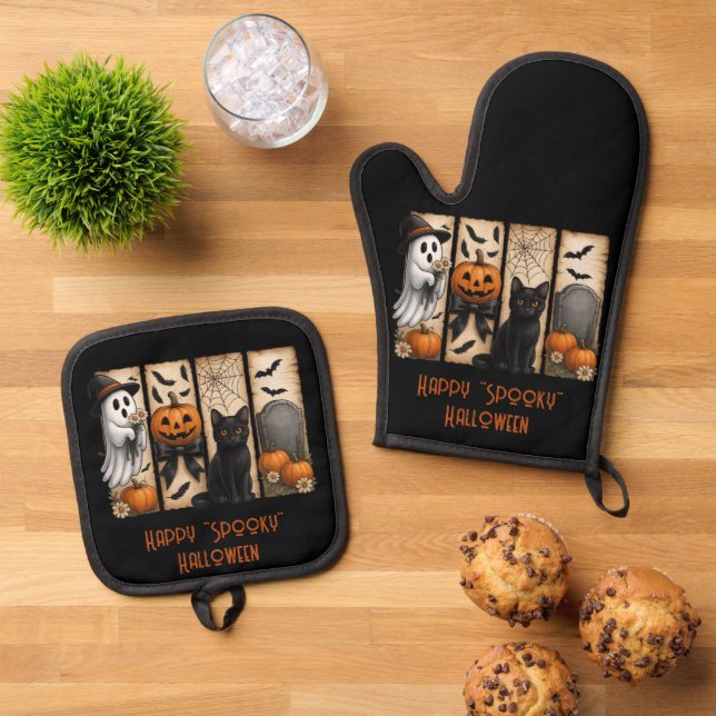 Happy "Spooky" Halloween Pumpkins  Black Cat Ghost Oven Mitt & Pot Holder Set (Top Down)