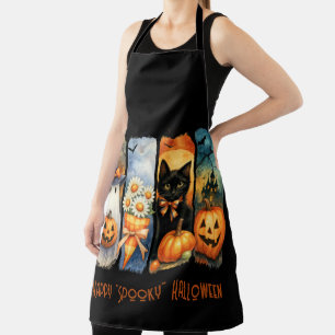 Happy "Spooky" Halloween Pumpkins Black Cat Ghosts Apron