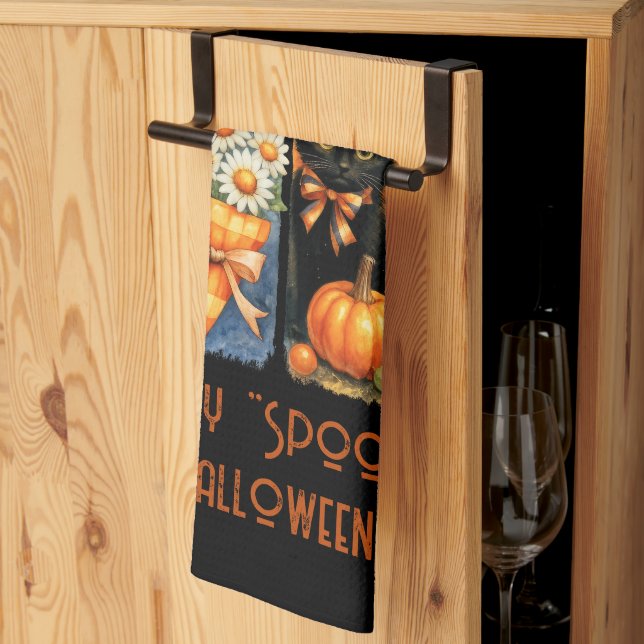 Happy "Spooky" Halloween Pumpkins Black Cat Ghosts Tea Towel (Thirds Fold)