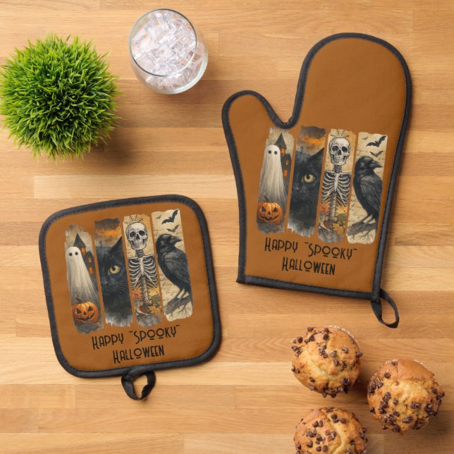 Happy "Spooky" Halloween Skeleton  Ghost Crow Oven Mitt & Pot Holder Set (Top Down)