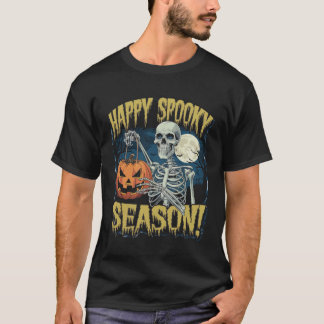Happy Spooky Season" Skeleton with Pumpkin Hallowe T-Shirt