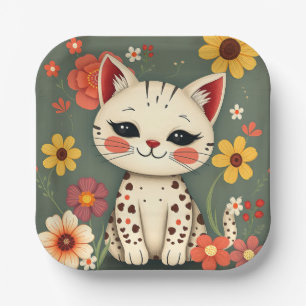Happy Spotted Kitty with Flowers Paper Plate