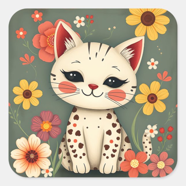 Happy Spotted Kitty with Flowers Square Sticker (Front)
