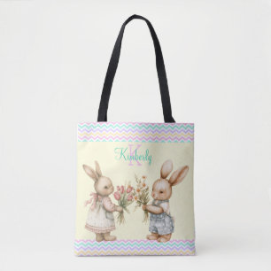 Happy Spring! Boy & Girl Bunny Rabbit With Flowers Tote Bag