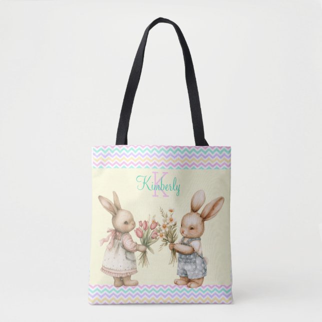 Happy Spring! Boy & Girl Bunny Rabbit With Flowers Tote Bag (Front)