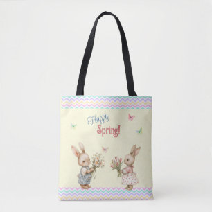 Happy Spring! Boy & Girl Bunny Rabbit With Flowers Tote Bag