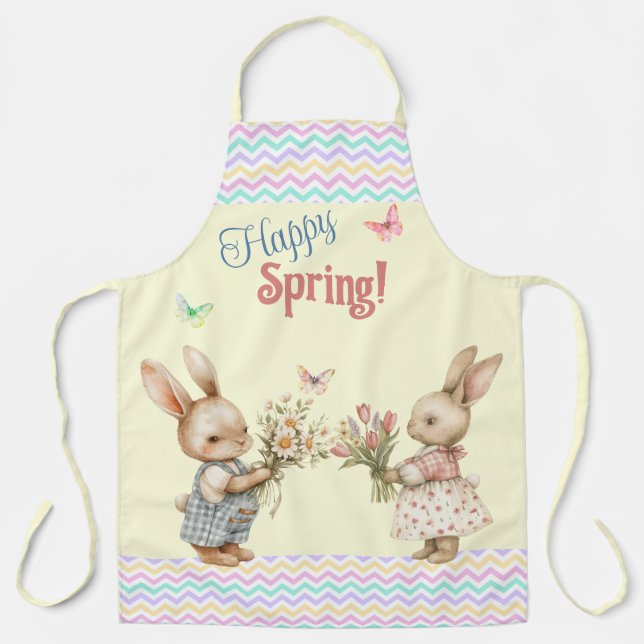 Happy Spring! Boy & Girl Bunny Rabbits and Flowers Apron (Front)