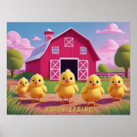 Happy Spring Chicks in Barnyard