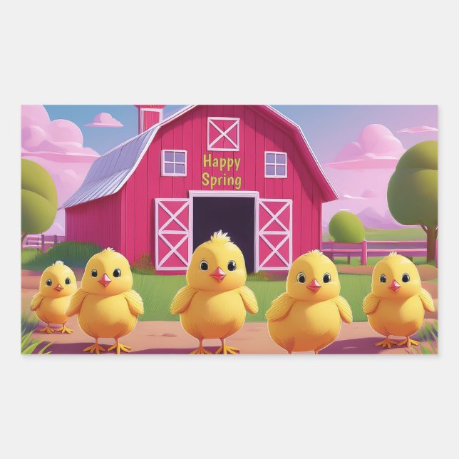 Happy Spring Chicks in Barnyard Rectangular Sticker (Front)