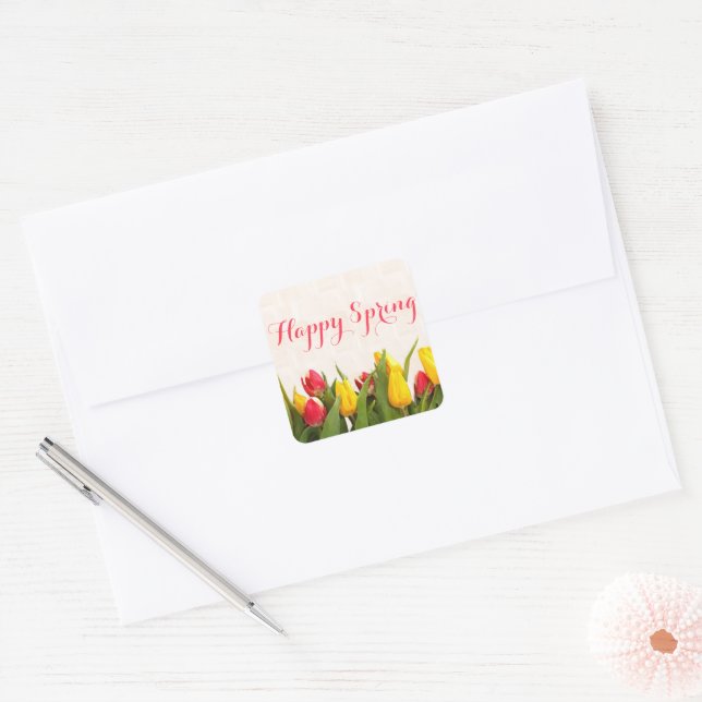 Happy Spring Colourful Tulips Square Sticker (Envelope)