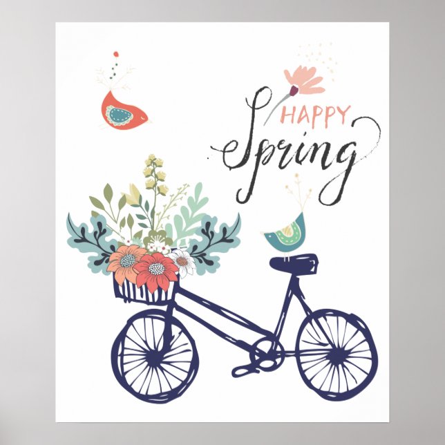 Happy spring design: bicycle, flowers and birds poster (Front)