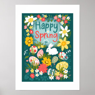Happy Spring Easter egg hunt flower field Poster