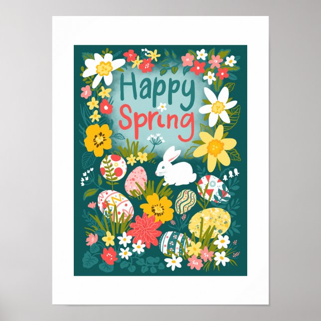 Happy Spring Easter egg hunt flower field  Poster (Front)